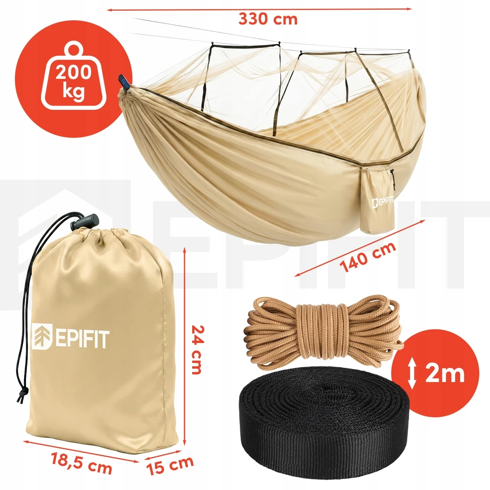 TURISTINIS HAMAKAS SU TINKLELIS NUO UODŲ, DIDELIS, 330x140 CM, 200 KG, SODAS