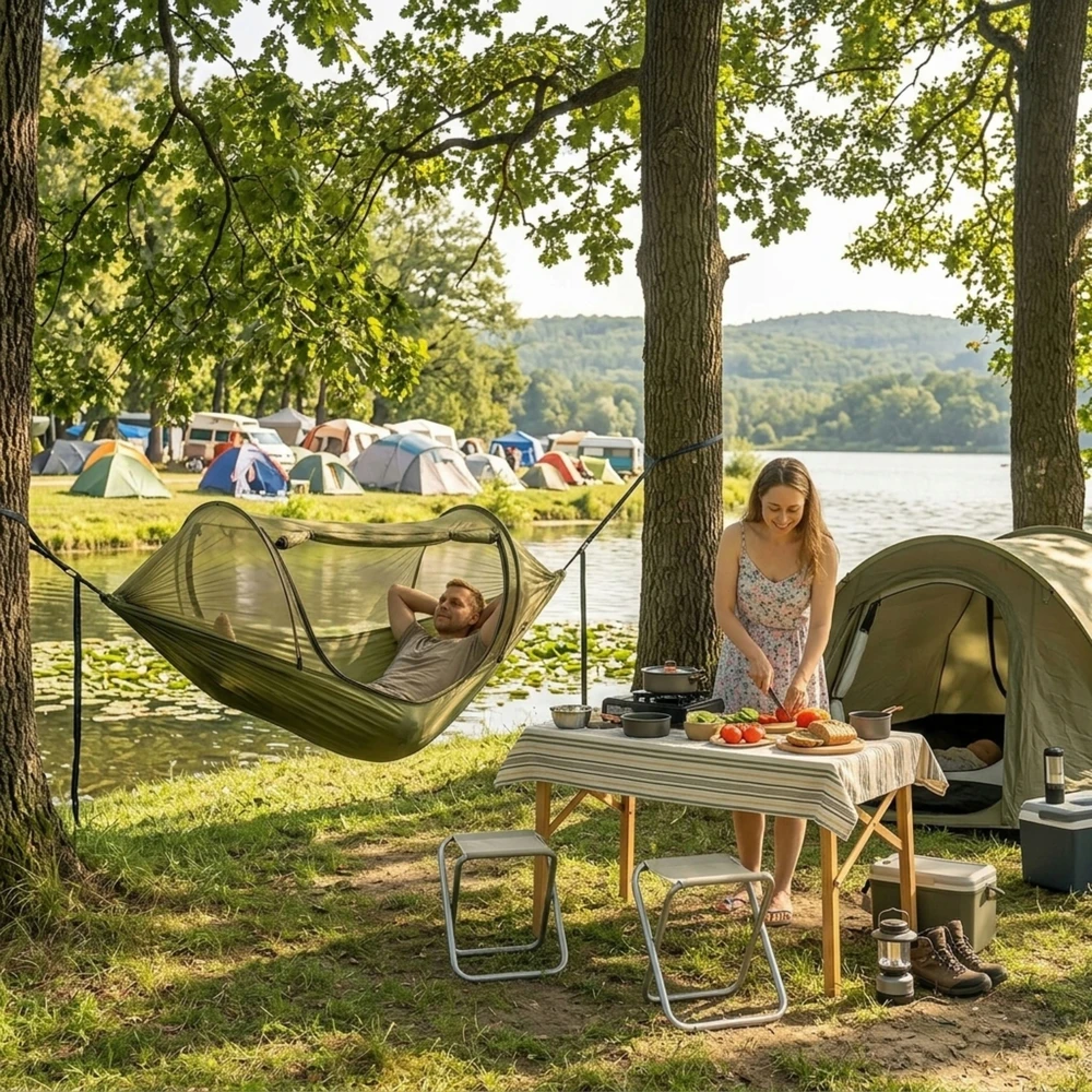 Turistinis hamakas su tinkleliu nuo uodų 260x140cm, 2 asm.