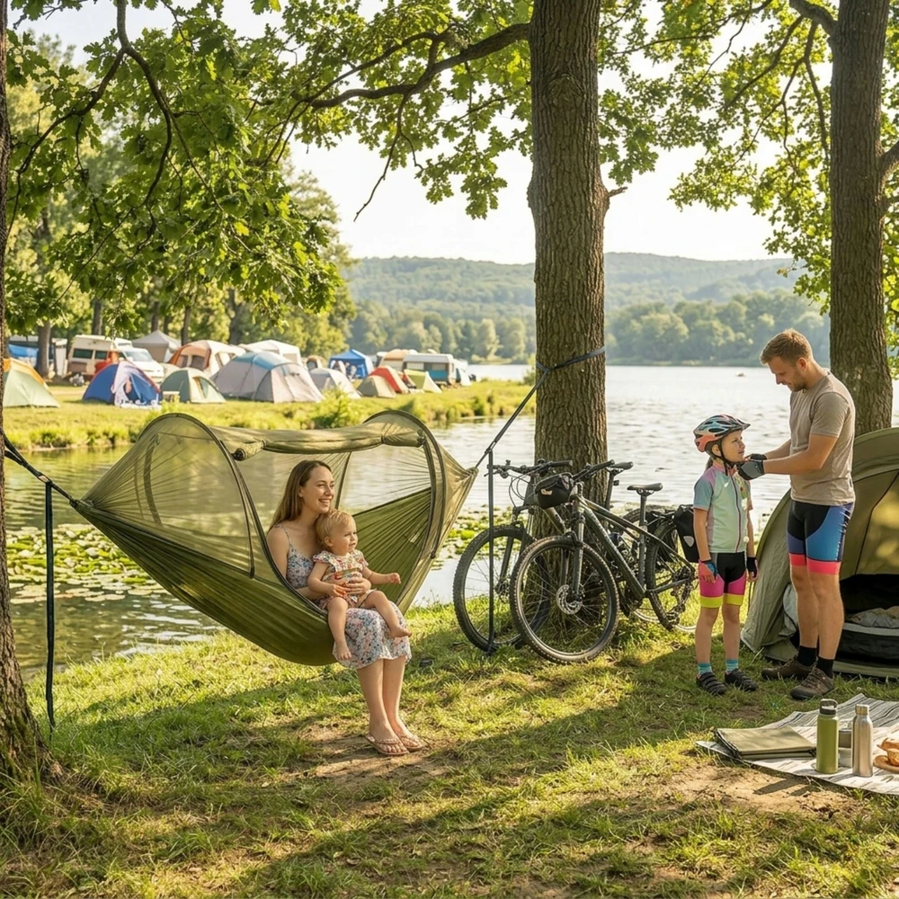 Turistinis hamakas su tinkleliu nuo uodų 260x140cm, 2 asm.