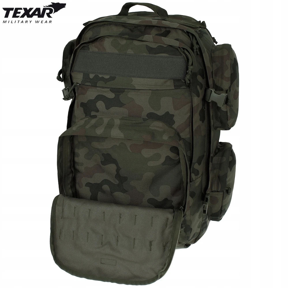 Turistinis kuprinė Grizzly 65L, Texar, atspari vandeniui, atsegama nugarėlė su kilimėlio (karimatos) funkcija, su angomis vandens gėrimo sistemai (camelback), PL Camo / Wz.93 kamufliažas