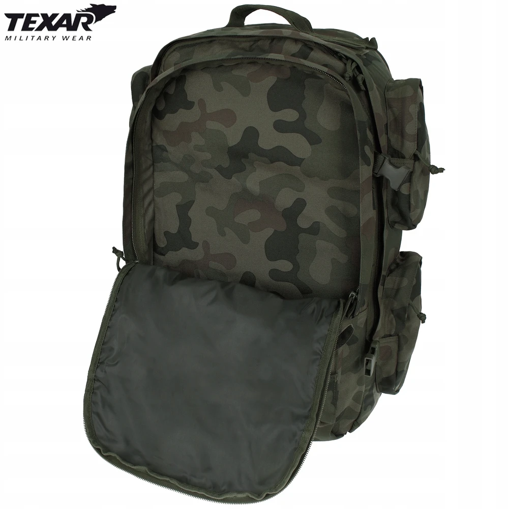 Turistinis kuprinė Grizzly 65L, Texar, atspari vandeniui, atsegama nugarėlė su kilimėlio (karimatos) funkcija, su angomis vandens gėrimo sistemai (camelback), PL Camo / Wz.93 kamufliažas