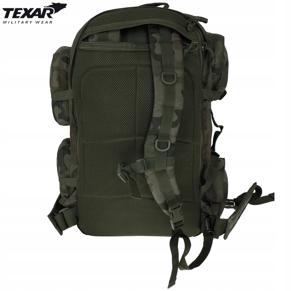 Turistinis kuprinė Grizzly 65L, Texar, atspari vandeniui, atsegama nugarėlė su kilimėlio (karimatos) funkcija, su angomis vandens gėrimo sistemai (camelback), PL Camo / Wz.93 kamufliažas