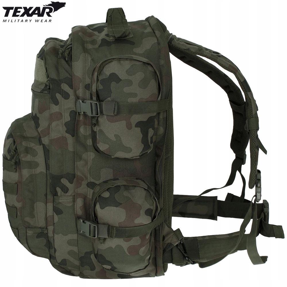 Turistinis kuprinė Grizzly 65L, Texar, atspari vandeniui, atsegama nugarėlė su kilimėlio (karimatos) funkcija, su angomis vandens gėrimo sistemai (camelback), PL Camo / Wz.93 kamufliažas
