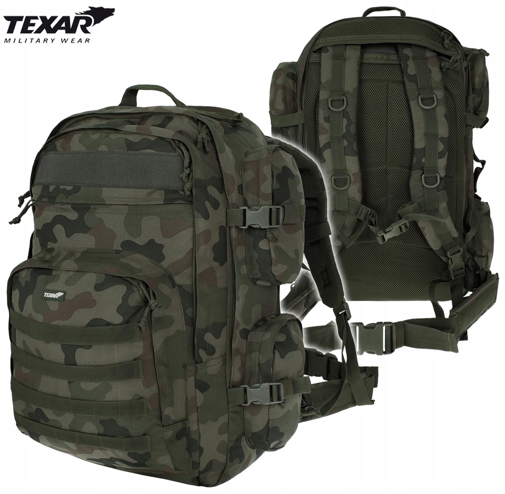 Turistinis kuprinė Grizzly 65L, Texar, atspari vandeniui, atsegama nugarėlė su kilimėlio (karimatos) funkcija, su angomis vandens gėrimo sistemai (camelback), PL Camo / Wz.93 kamufliažas