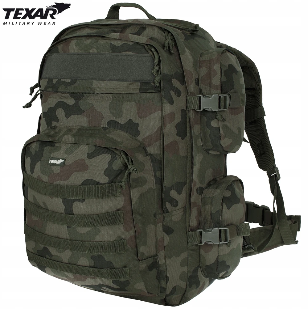 Turistinis kuprinė Grizzly 65L, Texar, atspari vandeniui, atsegama nugarėlė su kilimėlio (karimatos) funkcija, su angomis vandens gėrimo sistemai (camelback), PL Camo / Wz.93 kamufliažas