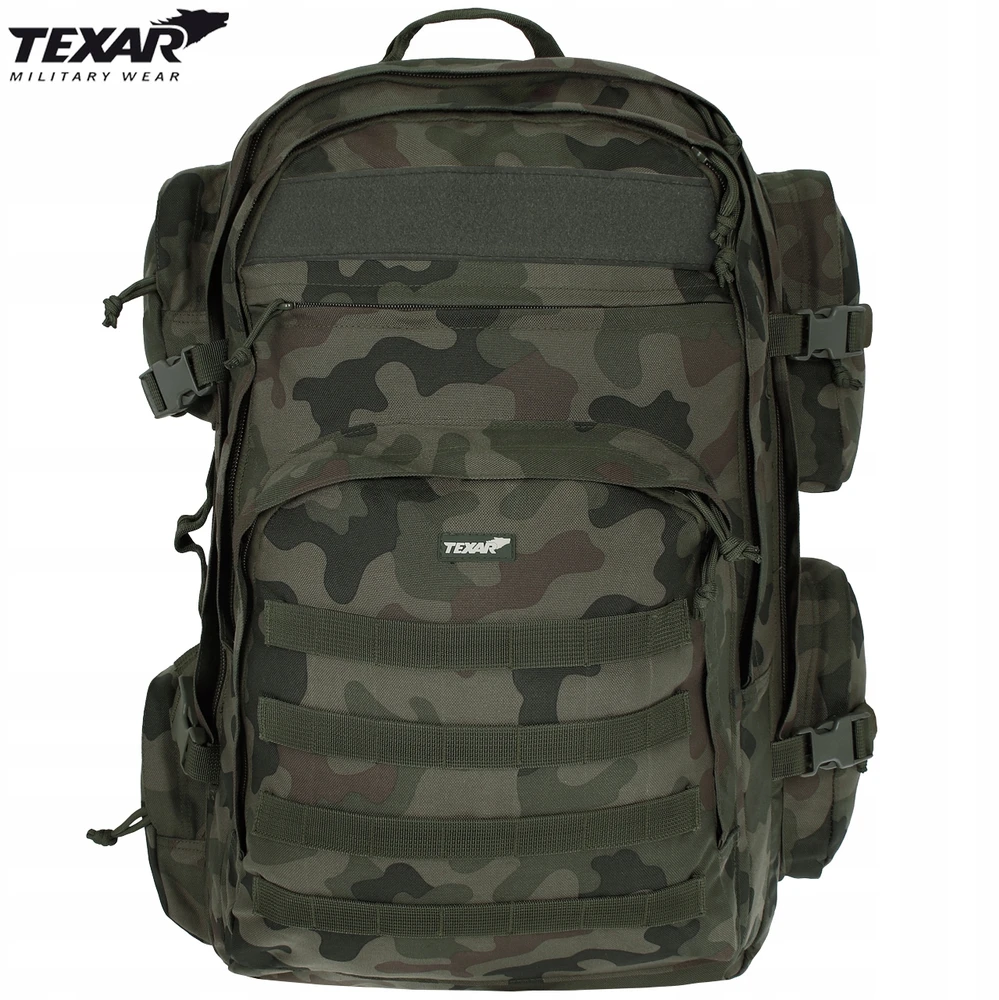 Turistinis kuprinė Grizzly 65L, Texar, atspari vandeniui, atsegama nugarėlė su kilimėlio (karimatos) funkcija, su angomis vandens gėrimo sistemai (camelback), PL Camo / Wz.93 kamufliažas