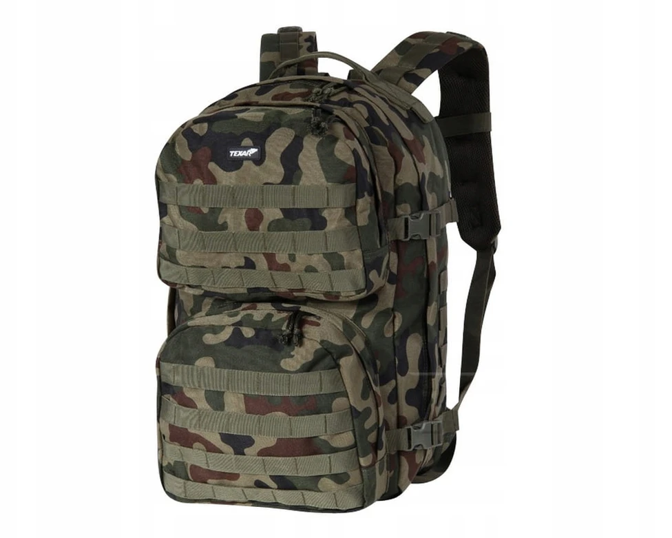 Turistinis kuprinė SCOUT 35L, Texar, su standžiu nugaros pagrindu, molle sistema ir suspaudimo diržais, PL Camo / Wz.93 kamufliažas