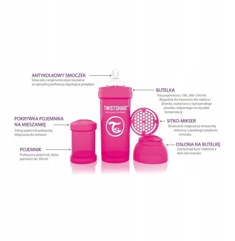 TwistShake ANTICOLIKAS ŠIRTINIMO BUTELĖLIS 180 ml ROŽINĖ 0m