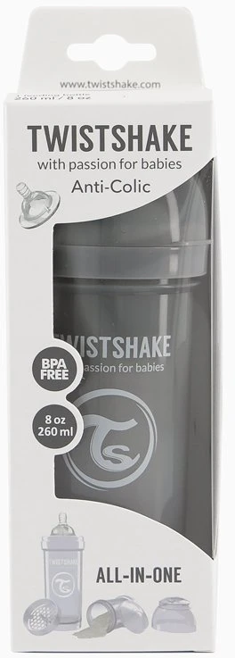 TwistShake buteliukas nuo pilvo dieglių 260ml, spenelis M 2m PASTEL Pilkas