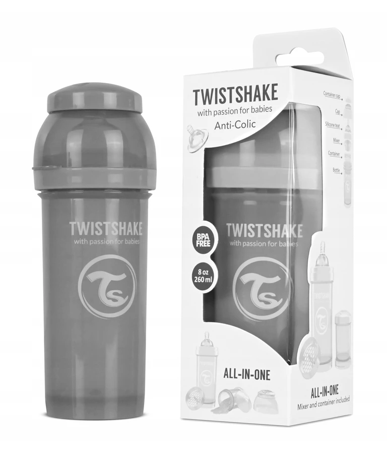 TwistShake buteliukas nuo pilvo dieglių 260ml, spenelis M 2m PASTEL Pilkas