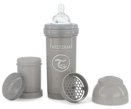 TwistShake buteliukas nuo pilvo dieglių 260ml, spenelis M 2m PASTEL Pilkas