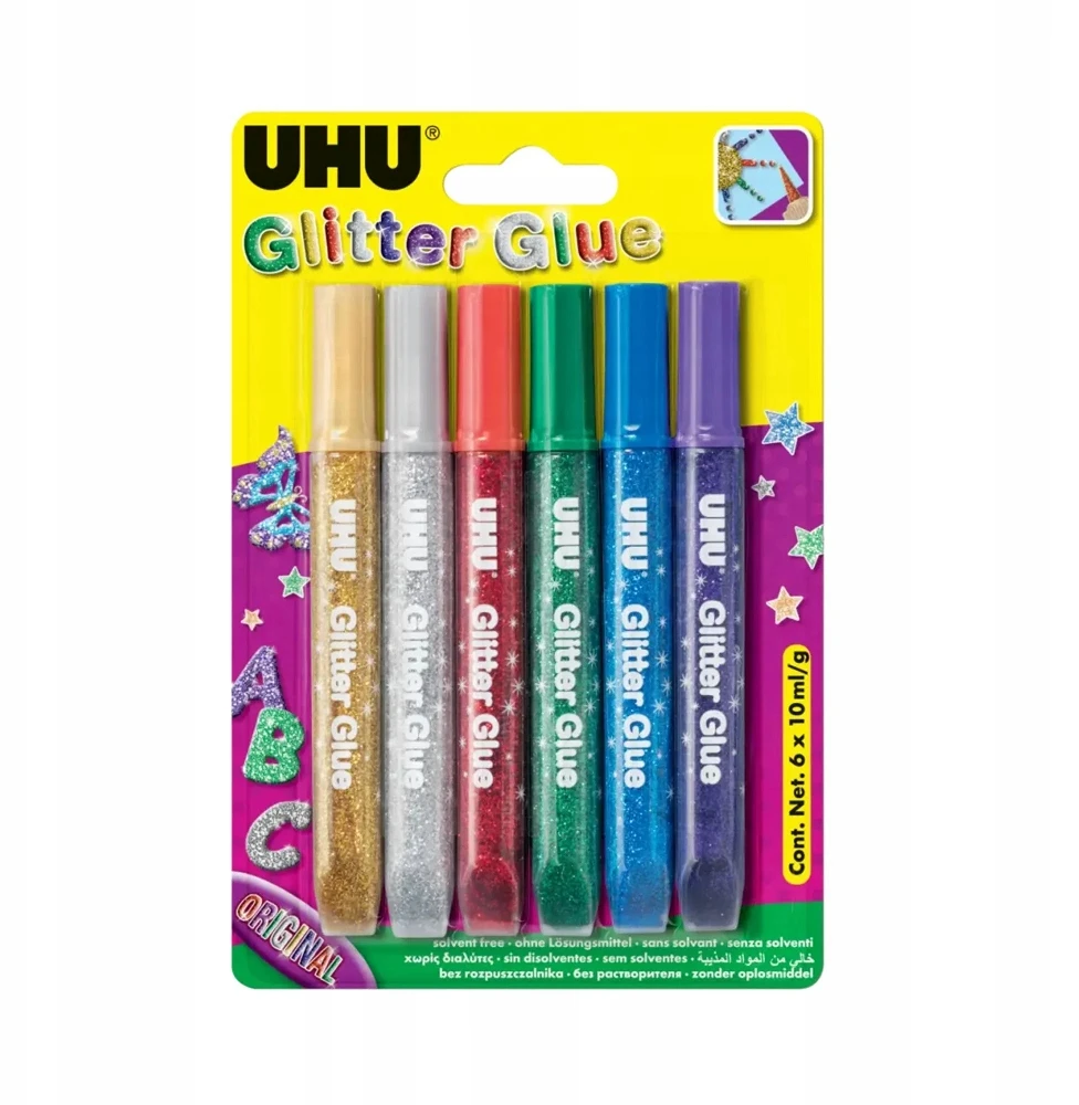 Klijai su blizgučiais UHU, 6spalvų, 10ml