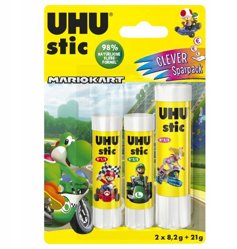 UHU MARIOKART klijų lazdelė, 21 g + 2 x 8,2 g, lizdinė plokštelė