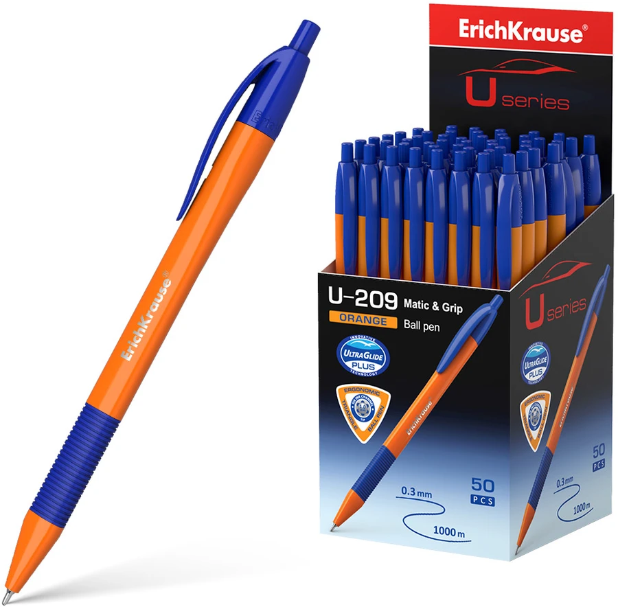 Ultra glide automatinis tušinukas U-209 Oragne Matic&Grip, ErichKrause, storis 1.0mm, mėlynos sp.