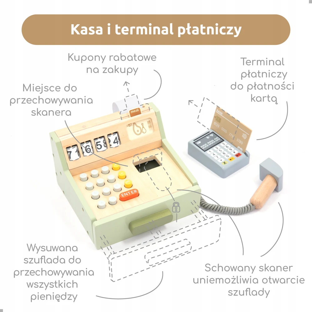 UMU Medinės parduotuvės kasos aparatas su priedais 35 vnt.