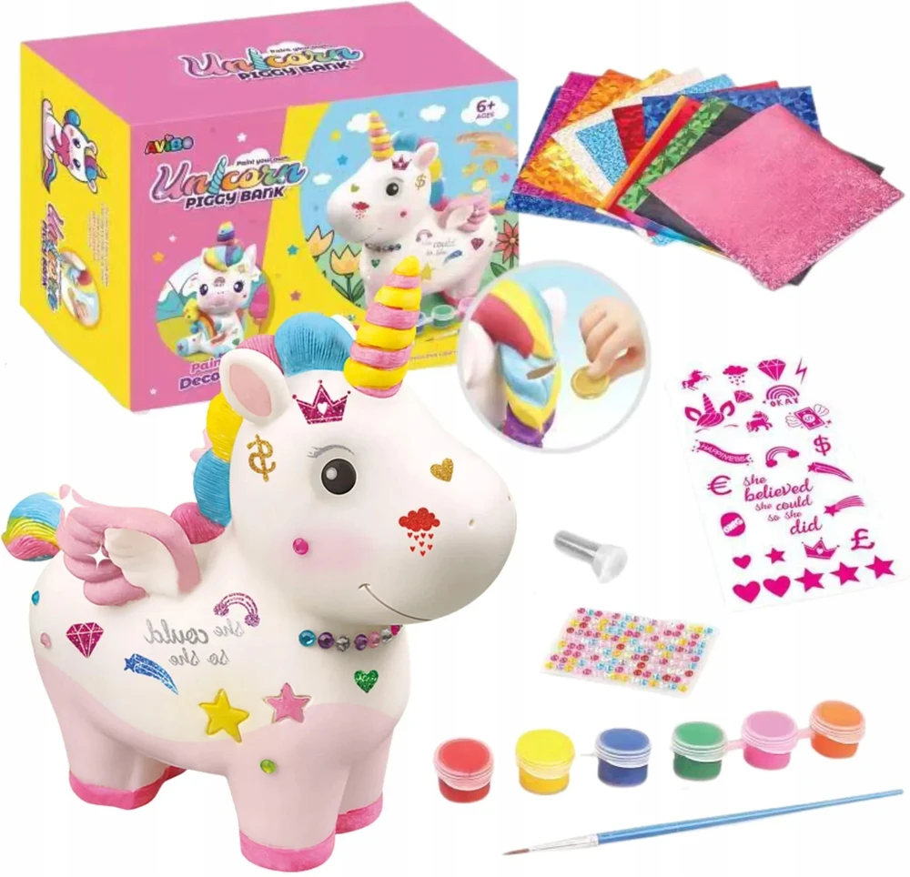 UNICORN PIGGY BANK STOVĖLIS VAIKAMS KŪRYBINIAI FIGŪRŲ DAŽŲ lipdukai