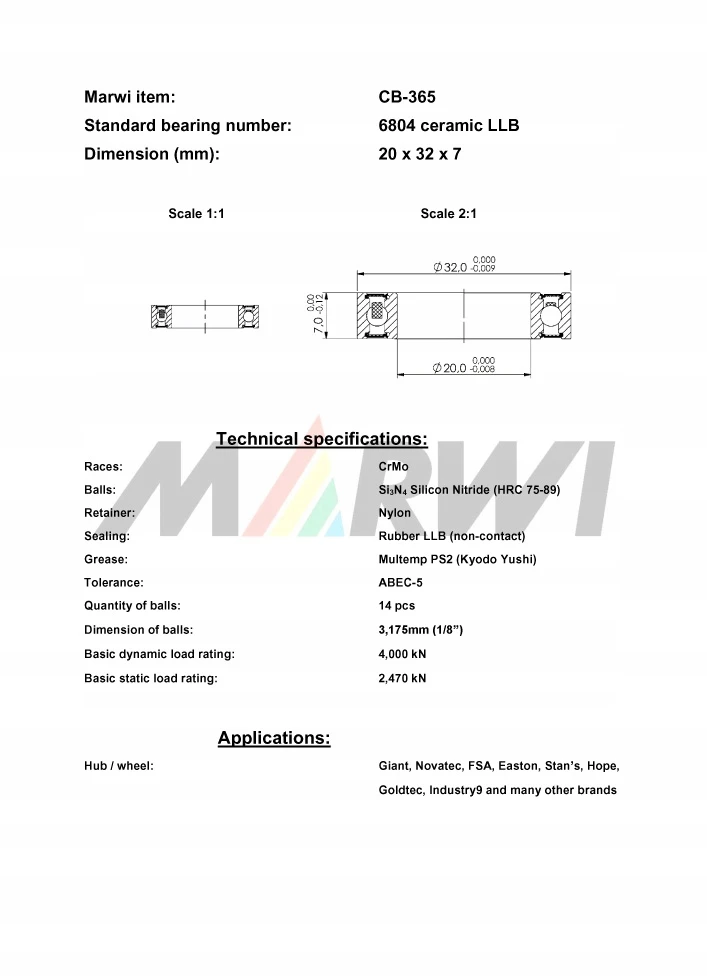 Union CB-365 keraminis guolis 6804 LLB 20x32x7 mm