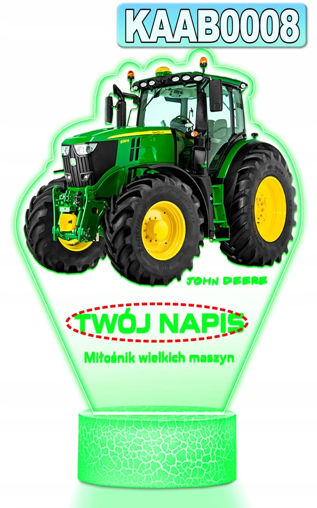 Upominki_Pl Lampka Nocna 3D LED su Imieniem Traktor Ciągnik John Deere Chłopca Urodziny