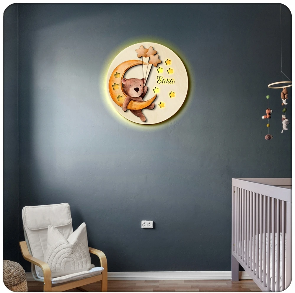 Upominki_Pl LAMPKA nocna LED dla dziecka Z IMIENIEM NA BATERIE 30cm prezent MIŚ KSIĘŻYC