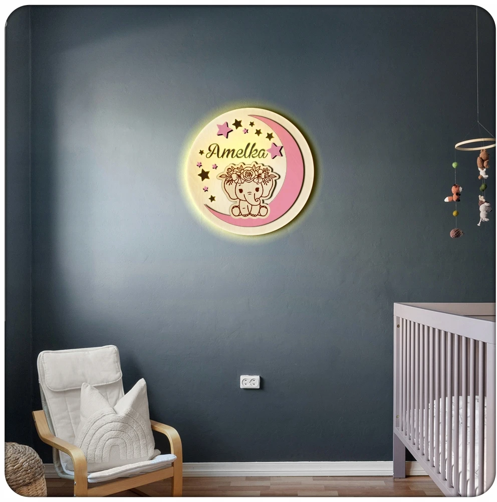 Upominki_Pl LAMPKA nocna LED dla dziecka Z IMIENIEM NA BATERIE 30cm prezent SŁONIK