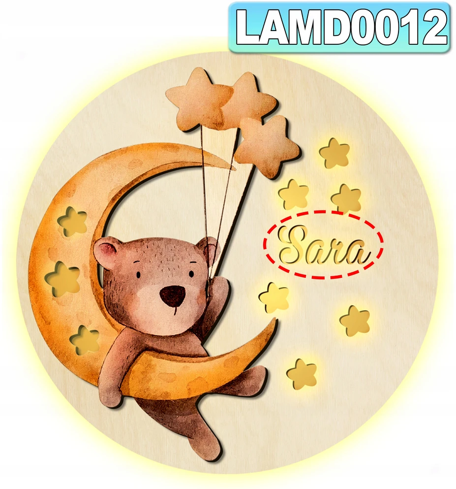 Upominki_Pl LAMPKA nocna LED dla dziecka Z IMIENIEM NA BATERIE 30cm prezent MIŚ KSIĘŻYC
