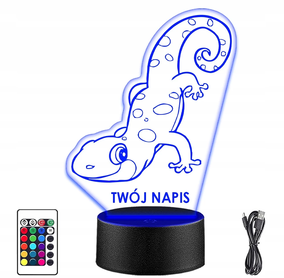 Upominki_Pl Naktinė lempa LED JASZCZURKA 3D + Pultas prezent URODZINY statuetka