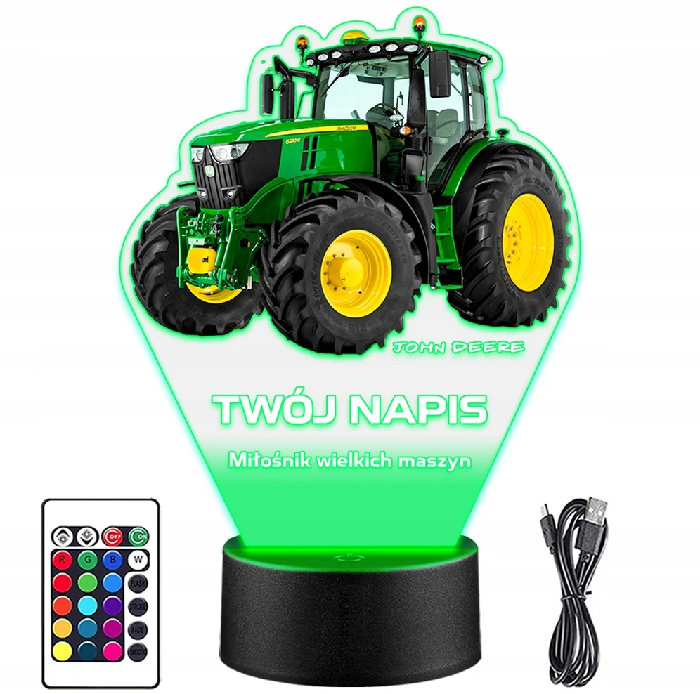 Upominki_Pl Naktinė lempa LED Traktor John Deere 3D + Pultas prezent dziecka URODZINY