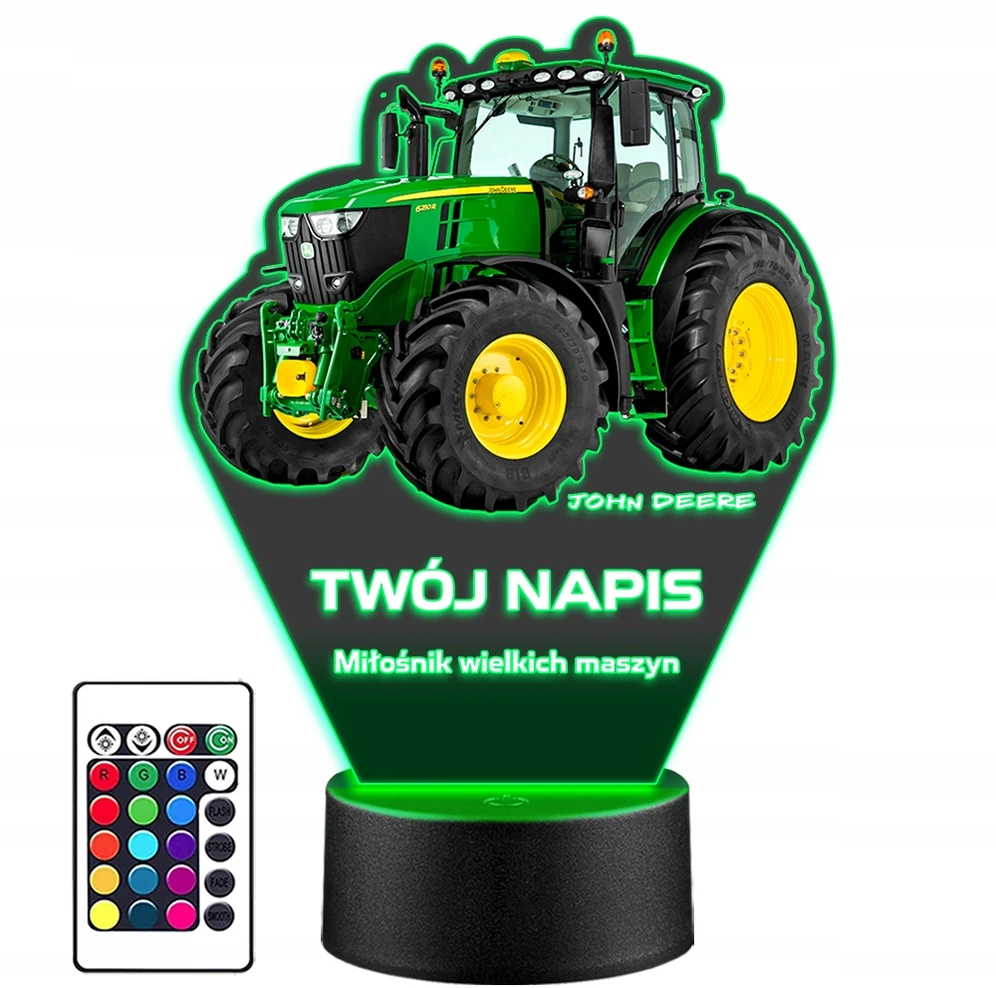 Upominki_Pl Naktinė lempa LED Traktor John Deere 3D + Pultas prezent dziecka URODZINY