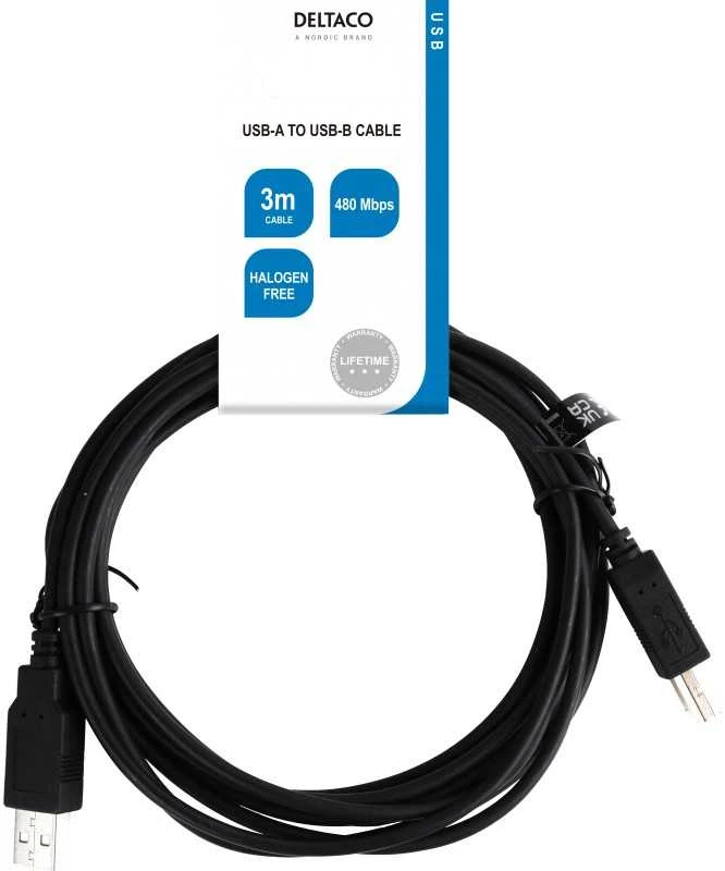 USB 2.0 kabelis DELTACO USB-A male - USB-B male, LSZH, 3m, juodas / USB-230S-LSZH