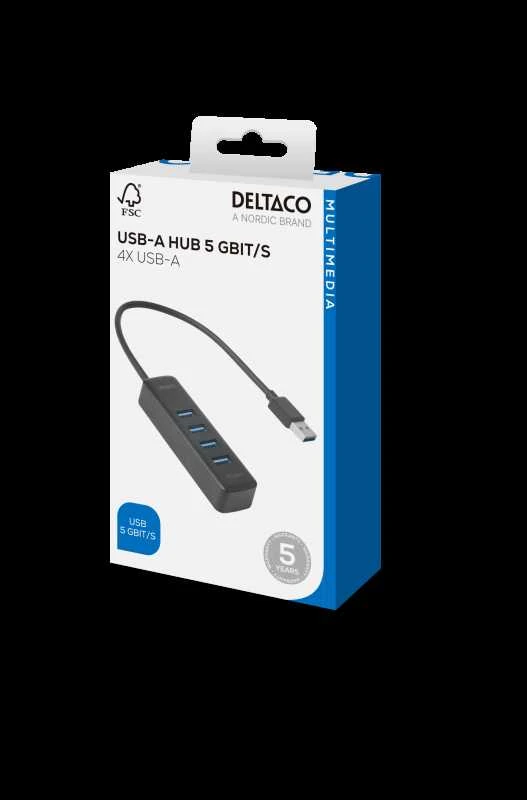 Deltaco USB-A šakotuvas su 4 prievadais pakuotėje