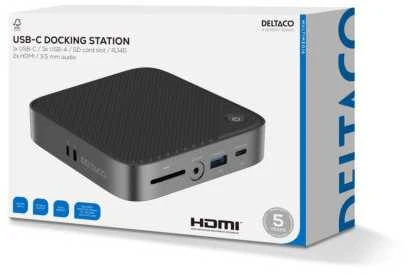 Šakotuvas USB-C jungčių stotelė DELTACO, dviguba, 2x HDMI, USB-C/RJ45/SD/3.5, VESA / USBC-HDMI28 / 1902423