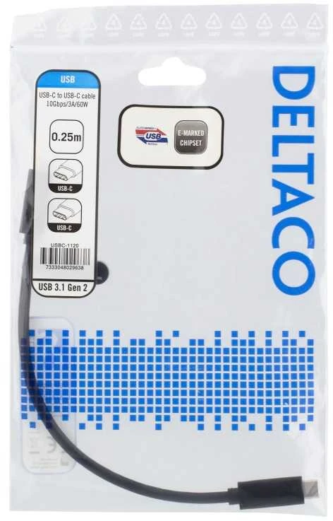 USB-C kabelis DELTACO 0.25m, USB 3.1 Gen 2, 10 Gbps, 60W, juodas / USBC-1120