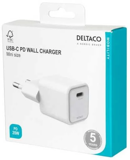 USB-C mini sieninis įkroviklis DELTACO 1x USB-C, PD 20 W, baltas / USBC-AC150