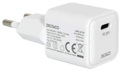 USB-C mini sieninis įkroviklis DELTACO 1x USB-C, PD 20 W, baltas / USBC-AC150