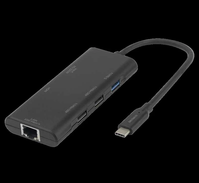 USB-C prijungimo stotelė DELTACO, viena, 1x HDMI, 3x USB-A, RJ45 / USBC-HDMI31 / 1902571