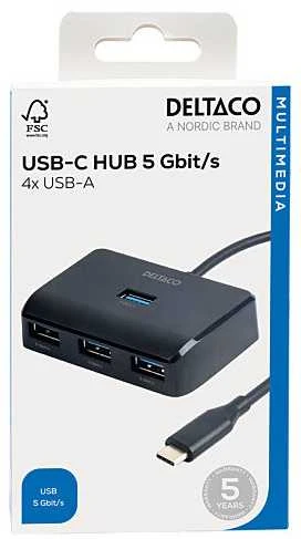 USB-C šakotuvas DELTACO, 5 Gbps, 4x USB-A, juodas / USBC-HUB203 / 1902428