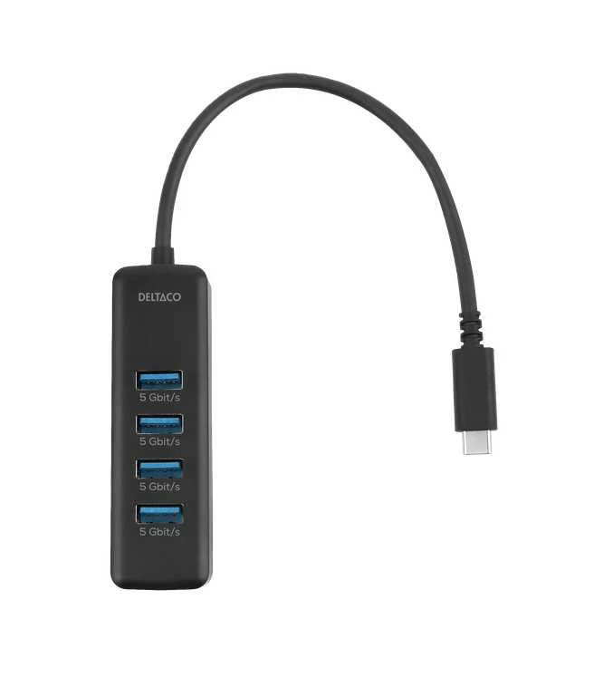 USB-C hub DELTACO, 5 Gbps, 4x USB-A, slim, juodas / USBC-HUB202 / 1902427