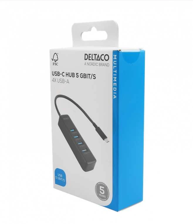 USB-C hub DELTACO, 5 Gbps, 4x USB-A, slim, juodas / USBC-HUB202 / 1902427