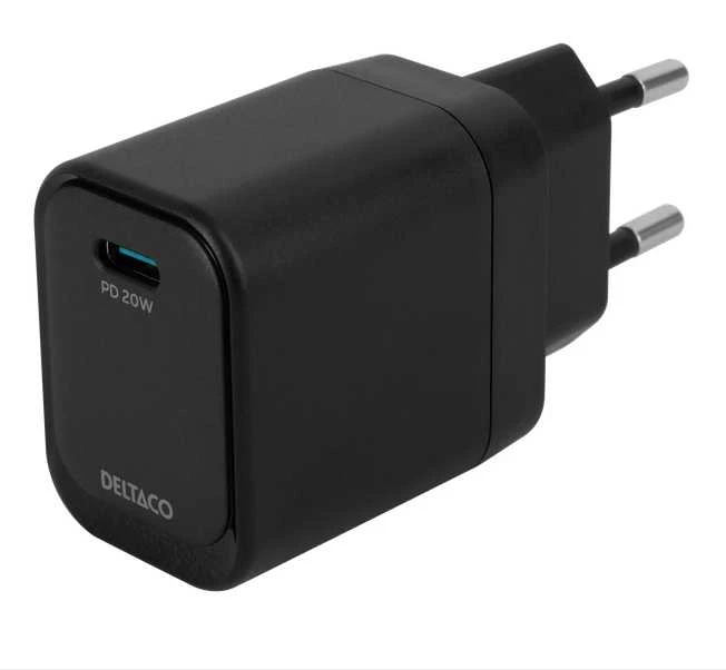 USB-C sieninis įkroviklis DELTACO, 1x USB-C PD, 20 W, juodas / USBC-AC151 / 1903150
