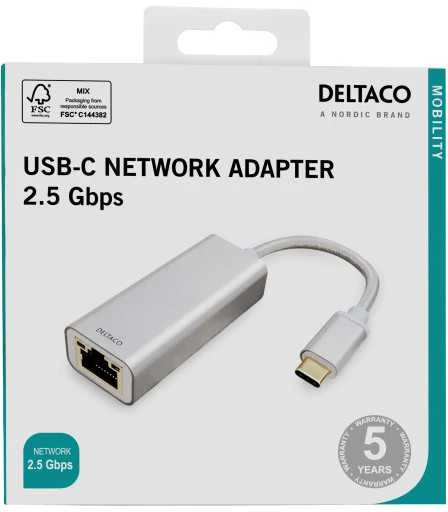 Deltaco 2.5G USB-C tinklo adapteris pakuotėje