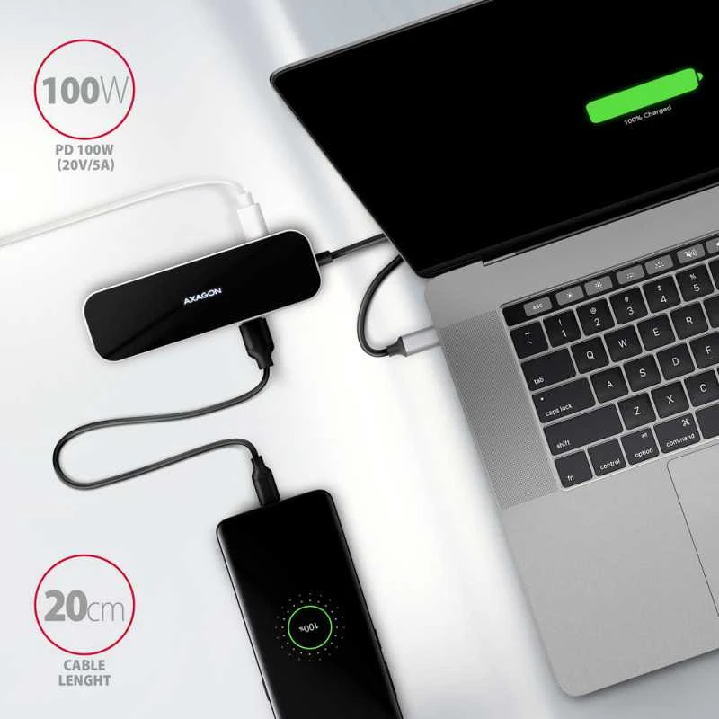 Axagon kelių prievadų USB 3.2 Gen 1 šakotuvas. HDMI, keturi USB-A išėjimai ir maitinimo tiekimas. Kabelis USB-C 20cm.