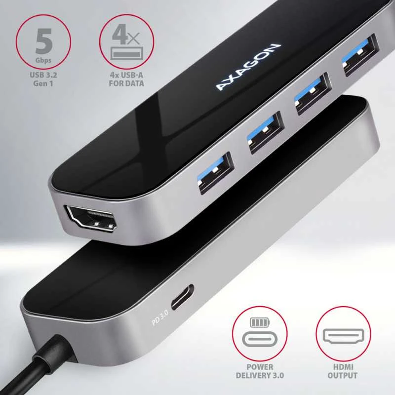 Axagon kelių prievadų USB 3.2 Gen 1 šakotuvas. HDMI, keturi USB-A išėjimai ir maitinimo tiekimas. Kabelis USB-C 20cm.