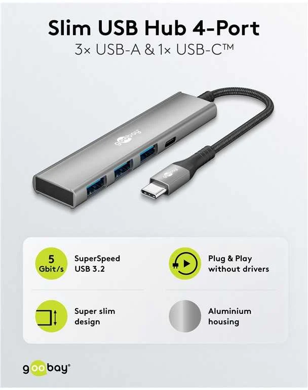 „Goobay Slim“ 4 prievadų USB šakotuvas, USB-C į USB-C/USB-A, 5 Gb/s | 76562