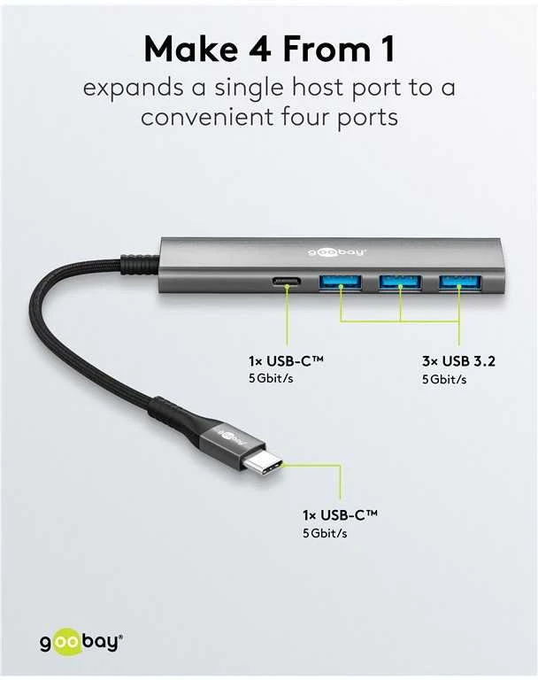 „Goobay Slim“ 4 prievadų USB šakotuvas, USB-C į USB-C/USB-A, 5 Gb/s | 76562