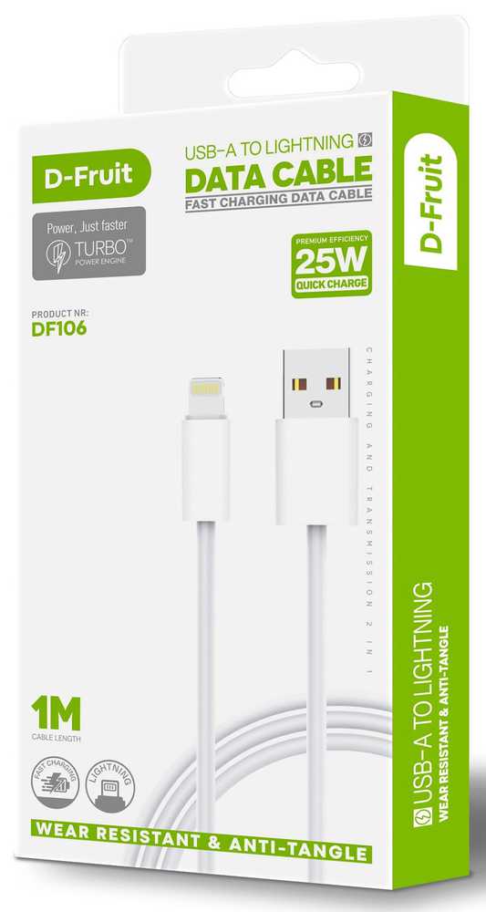 USB kabelis D-FRUIT DF106, USB-A - Lightning 1 m, baltos sp.