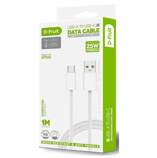 D Fruit USB kabelis DF105, USB-A - USB-C 1 m, baltos sp.