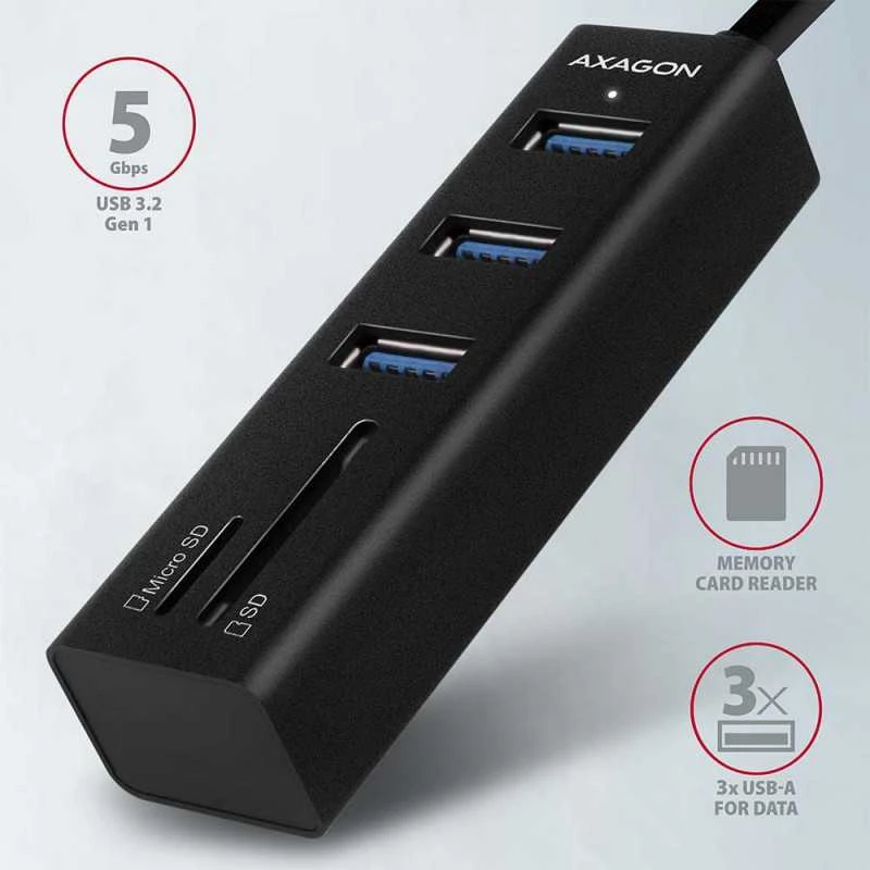 AXAGON SuperSpeed USB-A šakotuvas ir kortelių skaitytuvas | HMA-CR3A