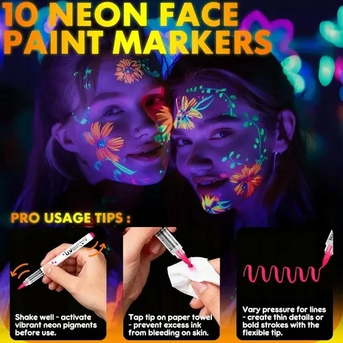 UV neoniniai fluorescenciniai veido žymekliai vaikams, žymeklis 10 vnt
