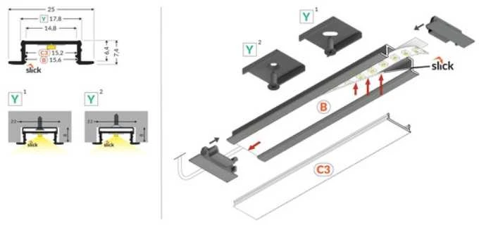 LED juostos profilio GROOVE14.V2 užbaigimo elementai su skyle, pilki, 2vnt.