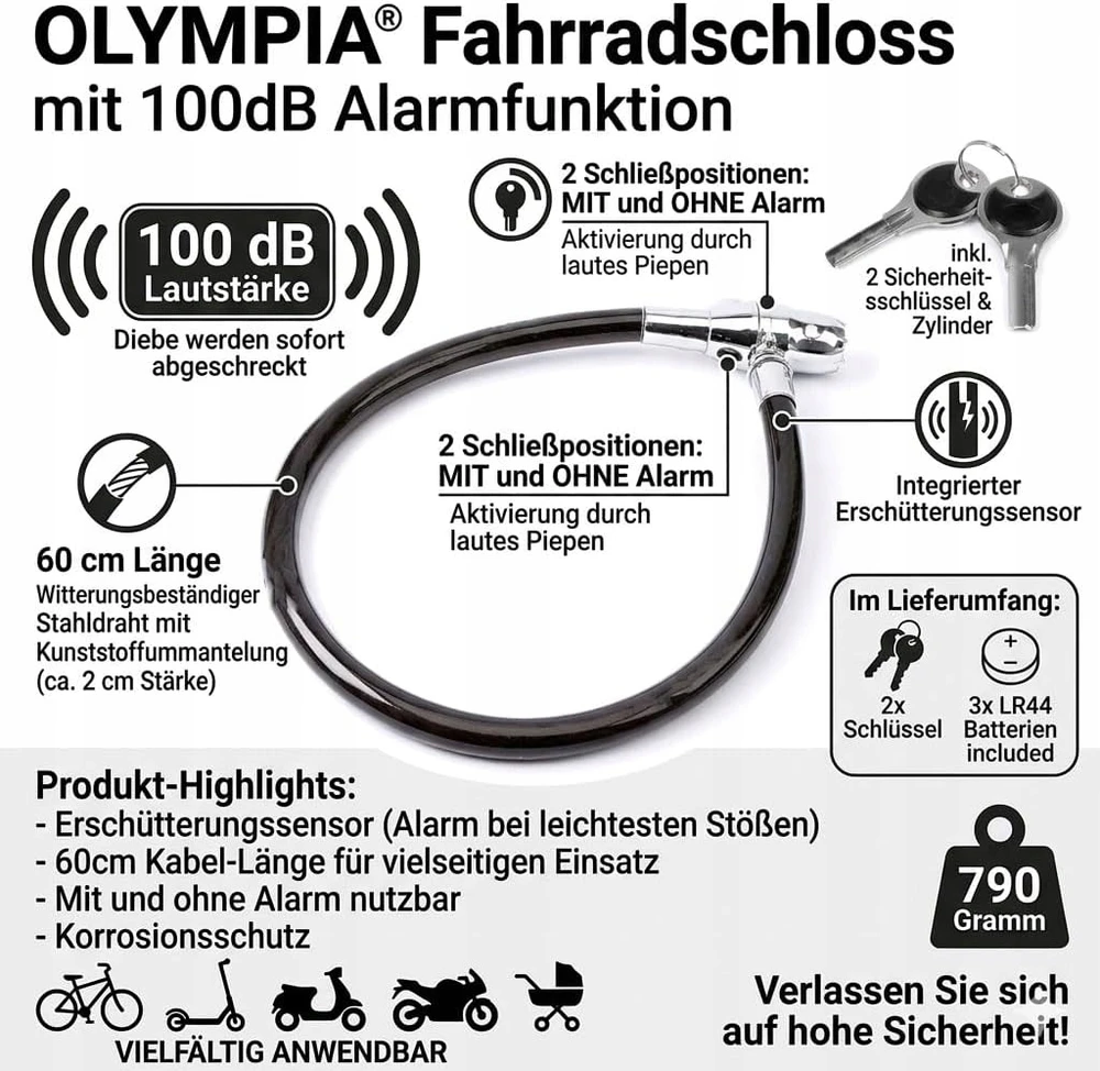 Užraktas Olympia S200 plieno trosas su signalizacija 60 cm